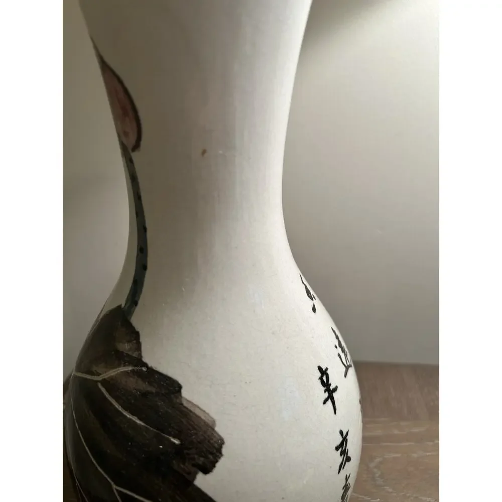 Vtg Japanese Lotus Crackle‎ Glaze White Vase Hand Painted Pink Floral 12.5” MCM